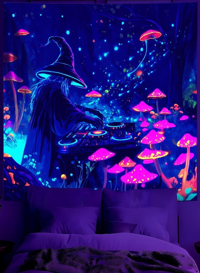 BVBOX Blacklight Halloween Tapestry, UV Reactive Glow In The Dark Black Light Trippy Tapestry Posters for Living Room, Bedroom (Wizard DJ, 79"x59") - Image 1